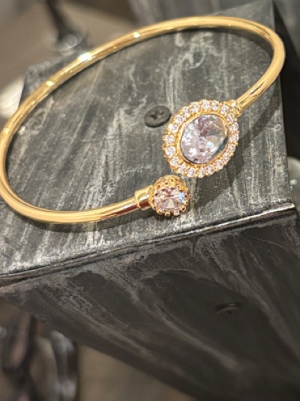Gold Open Bangle Bracelet with Pink Crystal Accents